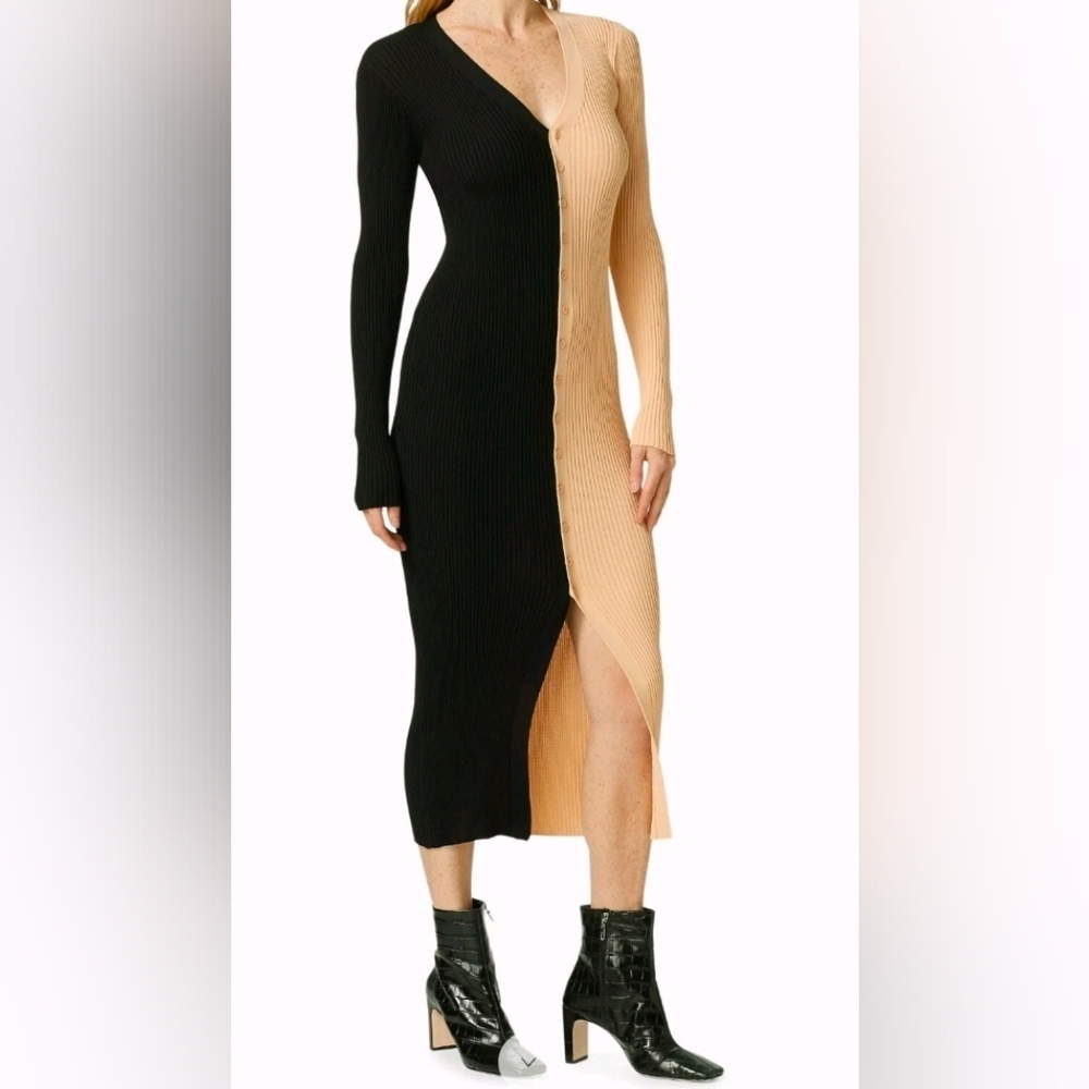 TAYLOR Ribbed 2-Tone Black & Tan Button-Down Sweater MIDI Dress NWT, Sz: SMALL